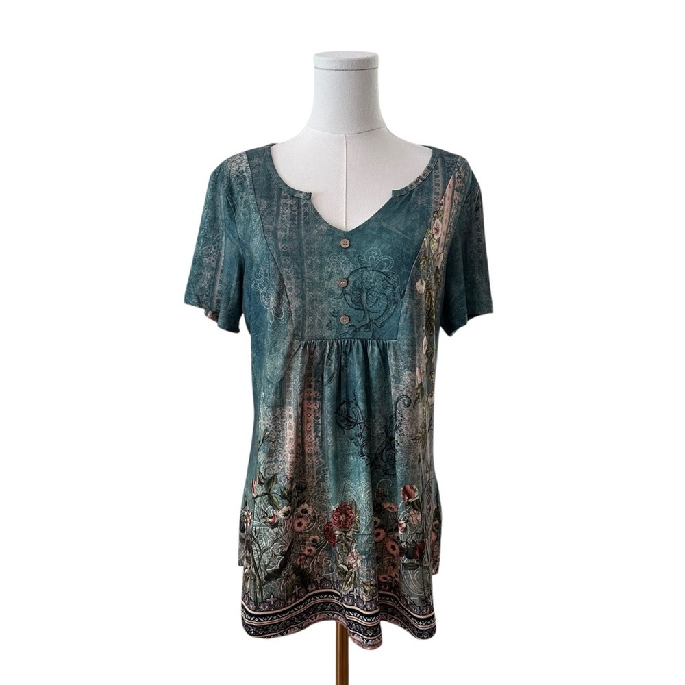 Women's Large Stretchy Green Floral Fitted Flare Short Sleeve Casual Blouse Top